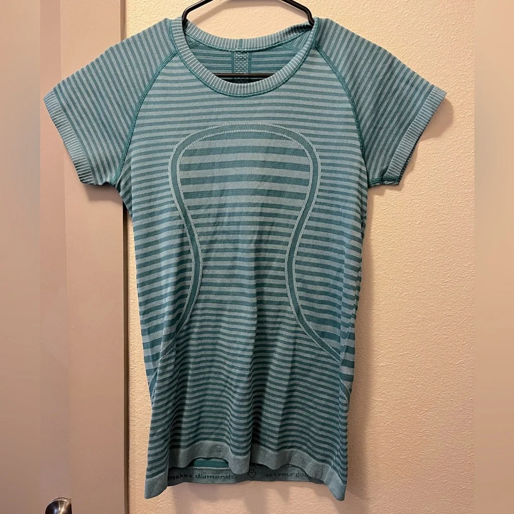 lululemon athletica Women's Short Sleeve Striped Teal Top